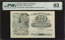 ESTONIA. Bank of Estonia. 20 Krooni, 1932. P-64a. PMG Choice Uncirculated 63.
PMG comments "Corner Stain".
Estimate: $75.00 - 100.00