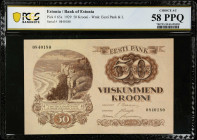 ESTONIA. Bank of Estonia. 50 Krooni, 1929. P-65a. PCGS Banknote Choice About Uncirculated 58 PPQ.
Estimate: $100.00 - 200.00