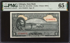 ETHIOPIA. State Bank of Ethiopia. 1 Dollar, ND (1945). P-12b. PMG Gem Uncirculated 65 EPQ.
Estimate: $50.00 - 100.00