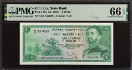 ETHIOPIA. State Bank of Ethiopia. 1 Dollar, ND (1961). P-18a. PMG Gem Uncirculated 66 EPQ.
Estimate: $30.00 - 50.00