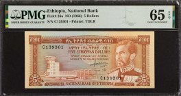 ETHIOPIA. National Bank of Ethiopia. 5 Dollars, ND (1966). P-26a. PMG Gem Uncirculated 65 EPQ.
Estimate: $100.00 - 150.00