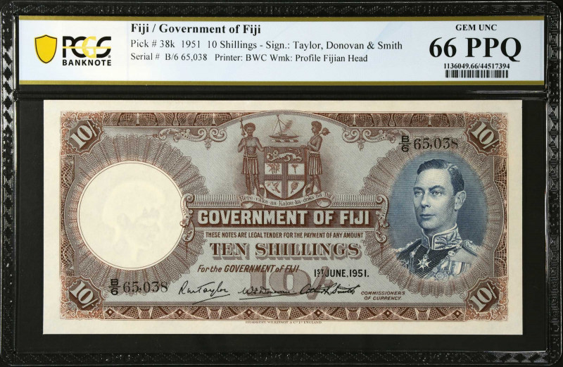 FIJI. Government of Fiji. 10 Shillings, 1951. P-38k. PCGS Banknote Gem Uncircula...