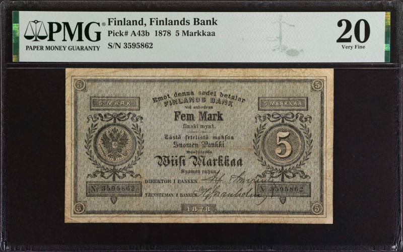 FINLAND. Finlands Bank. 5 Markkaa, 1878. P-A43b. PMG Very Fine 20.
Estimate: $5...