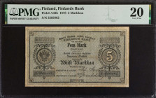 FINLAND. Finlands Bank. 5 Markkaa, 1878. P-A43b. PMG Very Fine 20.
Estimate: $500.00 - 700.00