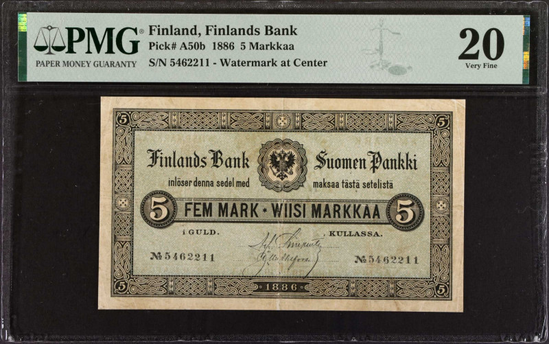 FINLAND. Finlands Bank. 5 Markkaa, 1886. P-A50b. PMG Very Fine 20.
Estimate: $2...