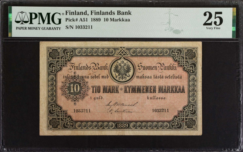 FINLAND. Finlands Bank. 10 Markkaa, 1889. P-A51. PMG Very Fine 25.
Estimate: $2...