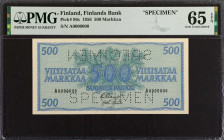 FINLAND. Finlands Bank. 500 Markkaa, 1956. P-96s. Specimen. PMG Gem Uncirculated 65 EPQ.
Estimate: $150.00 - 200.00
