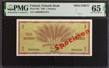 FINLAND. Finlands Bank. 1 Markka, 1963. P-98s. Specimen. PMG Gem Uncirculated 65 EPQ.
Estimate: $100.00 - 150.00