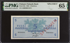 FINLAND. Finlands Bank. 5 Markkaa, 1963. P-99s. Specimen. PMG Gem Uncirculated 65 EPQ.
Estimate: $150.00 - 200.00