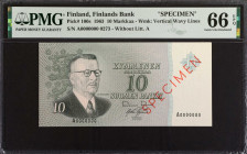 FINLAND. Finlands Bank. 10 Markkaa, 1963. P-100s. Specimen. PMG Gem Uncirculated 66 EPQ.
Estimate: $100.00 - 200.00