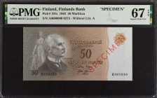 FINLAND. Finlands Bank. 50 Markkaa, 1963. P-101s. Specimen. PMG Superb Gem Uncirculated 67 EPQ.
Estimate: $200.00 - 400.00