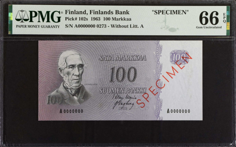 FINLAND. Finlands Bank. 100 Markkaa, 1963. P-102s. Specimen. PMG Gem Uncirculate...