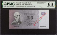 FINLAND. Finlands Bank. 100 Markkaa, 1963. P-102s. Specimen. PMG Gem Uncirculated 66 EPQ.
Estimate: $200.00 - 400.00