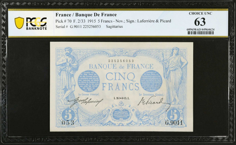 FRANCE. Banque de France. 5 Francs, 1915. P-70. PCGS Banknote Choice Uncirculate...