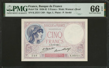 FRANCE. Banque de France. 5 Francs, 1926-32. P-72d. PMG Gem Uncirculated 66 EPQ.
Estimate: $200.00 - 400.00