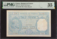 FRANCE. Banque de France. 20 Francs, 1916-19. P-74. PMG Choice Very Fine 35.
PMG comments "Stains".
Estimate: $150.00 - 200.00
