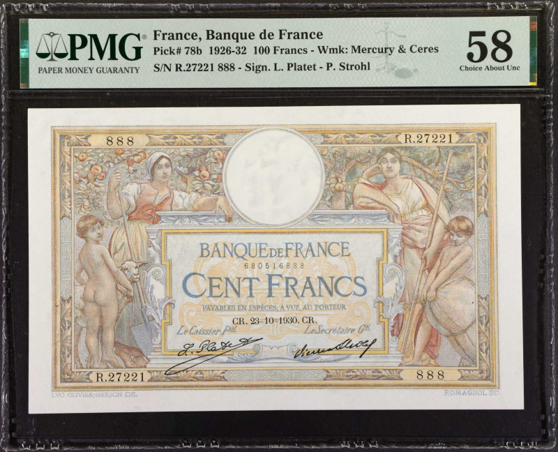 FRANCE. Banque de France. 100 Francs, 1926-32. P-78b. PMG Choice About Uncircula...