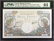 FRANCE. Banque de France. 1000 Francs, 1940. P-96a. PMG Choice Uncirculated 64.
Estimate: $200.00 - 300.00