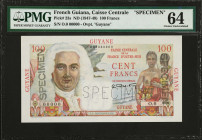FRENCH GUIANA. Caisse Centrale de la France d'Outre-Mer. 100 Francs, ND (1947-49). P-23s. Specimen. PMG Choice Uncirculated 64.
Estimate: $300.00 - 5...