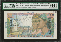 FRENCH GUIANA. Caisse Centrale de la France d'Outre-Mer. 500 Francs, ND (1947-49). P-24s. Specimen. PMG Choice Uncirculated 64 EPQ.
PMG comments "Pri...