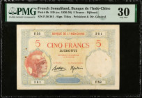 FRENCH SOMALILAND. Banque de L'Indochine. 5 Francs, ND (ca. 1926-38). P-6b. PMG Very Fine 30.
PMG comments "Minor Rust, Pinholes".
Estimate: $125.00...