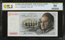 GERMANY, FEDERAL REPUBLIC. Bank Deutscher Lander. 100 Deutsche Mark, 1948. P-15a. PCGS Banknote About Uncirculated 55.
Estimate: $150.00 - 250.00