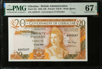 GIBRALTAR. Government of Gibraltar. 20 Pounds, 1986. P-23c. PMG Superb Gem Uncirculated 67 EPQ.
Printed by TDLR. Watermark of QEII. Offered here in a...