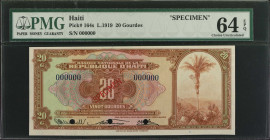 HAITI. Banque Nationale de la Republique d'Haiti. 20 Gourdes, 1919. P-164s. Specimen. PMG Choice Uncirculated 64 EPQ.
Estimate: $200.00 - 400.00