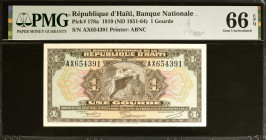 HAITI. Banque Nationale de la Republique d'Haiti. 1 Gourde, 1919 (ND 1951-64). P-178a. PMG Gem Uncirculated 66 EPQ.
Estimate: $20.00 - 40.00