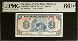 HAITI. Banque Nationale de la Republique d'Haiti. 2 Gourdes, 1919 (1951-64). P-179a. PMG Gem Uncirculated 66 EPQ*.
Estimate: $30.00 - 50.00