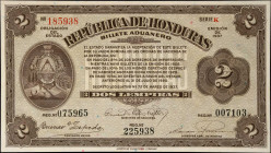 HONDURAS. Republica de Honduras. 2 Lempiras, 1937. P-S167a. About Uncirculated.
Estimate: $75.00 - 100.00