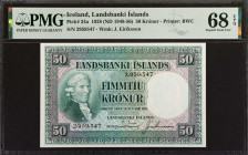 ICELAND. Landsbanki Islands. 50 Kronur, 1928. P-34a. PMG Superb Gem Uncirculated 68 EPQ.
PMG Pop 1/None Finer.
Estimate: $200.00 - 300.00