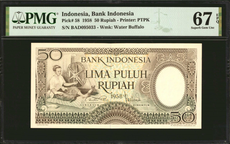 INDONESIA. Bank Indonesia. 50 Rupiah, 1958. P-58. PMG Superb Gem Uncirculated 67...