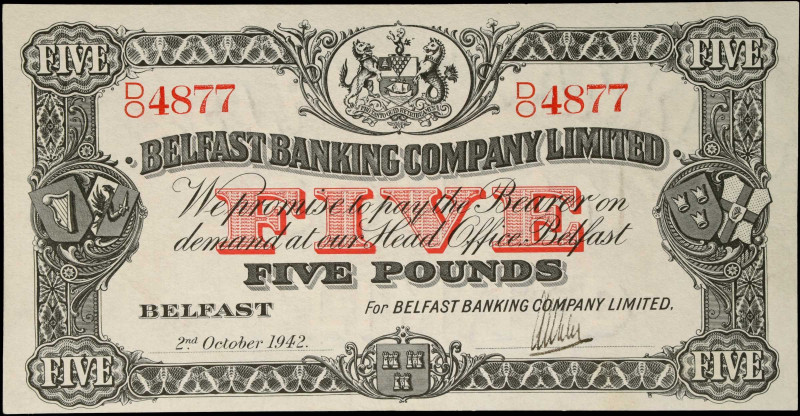 IRELAND, NORTHERN. Belfast Banking Company Limited. 5 Pounds, 1942. P-127b. Abou...