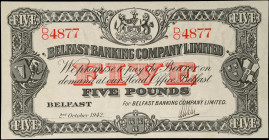IRELAND, NORTHERN. Belfast Banking Company Limited. 5 Pounds, 1942. P-127b. About Uncirculated.
Light staining.
Estimate: $200.00 - 300.00