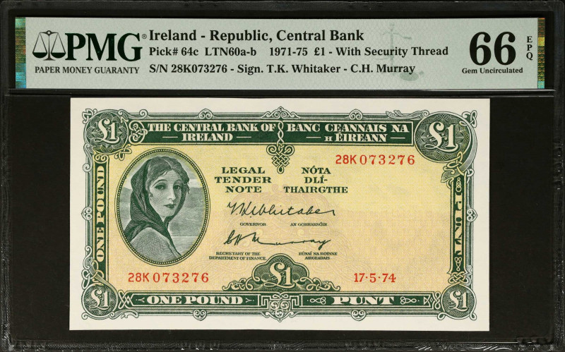 IRELAND, REPUBLIC. The Central Bank of Ireland. 1 Pound, 1971-75. P-64c. PMG Gem...