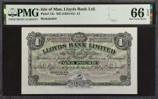 ISLE OF MAN. Lloyds Bank Limited. 1 Pound, 1955-61. P-13r. Remainder. PMG Gem Uncirculated 66 EPQ.
Estimate: $200.00 - 400.00