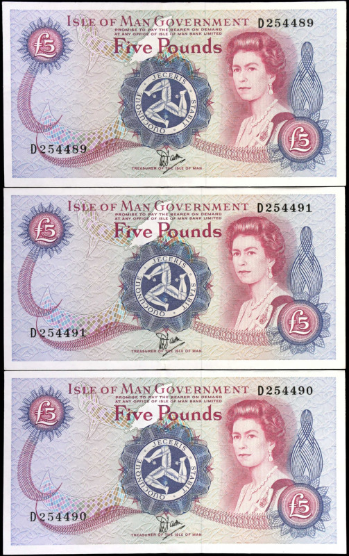 ISLE OF MAN. Lot of (3). Isle of Man Government. 5 Pounds, ND (1991). P-43b. Con...