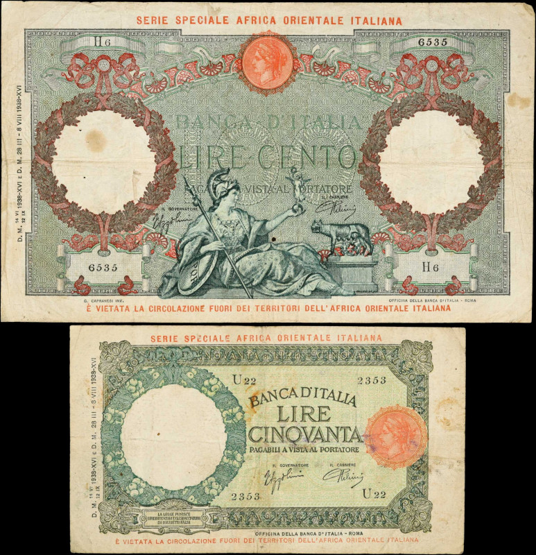 ITALIAN EAST AFRICA. Lot of (2). Banca d'Italia. 50 & 100 Lire, 1938-39. P-1a & ...