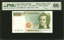 ITALY. Banca d'Italia. 5000 Lire, 1985. P-111c*. Replacement. PMG Gem Uncirculated 66 EPQ.
Estimate: $60.00 - 80.00