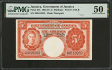 JAMAICA. Government of Jamaica. 5/- Shillings, 1953-58. P-37b. PMG About Uncirculated 50.
PMG comments "Staple Holes".
Estimate: $100.00 - 150.00