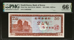 KOREA, SOUTH. The Bank of Korea. 50 Won, ND (1962). P-34a. PMG Gem Uncirculated 66 EPQ.
Estimate: $500.00 - 750.00