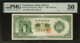 KOREA, SOUTH. The Bank of Korea. 100 Won, 1962. P-35a. PMG About Uncirculated 50.
Estimate: $150.00 - 250.00