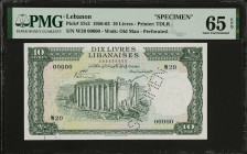 LEBANON. Banque de Syrie et du Liban. 10 Livres, 1956-63. P-57s2. Specimen. PMG Gem Uncirculated 65 EPQ.
Estimate: $75.00 - 125.00