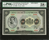 LUXEMBOURG. Grand-Duche de Luxembourg. 100 Francs, ND (1934). P-39s. Specimen. PMG Choice About Uncirculated 58 EPQ.
Estimate: $500.00 - 700.00