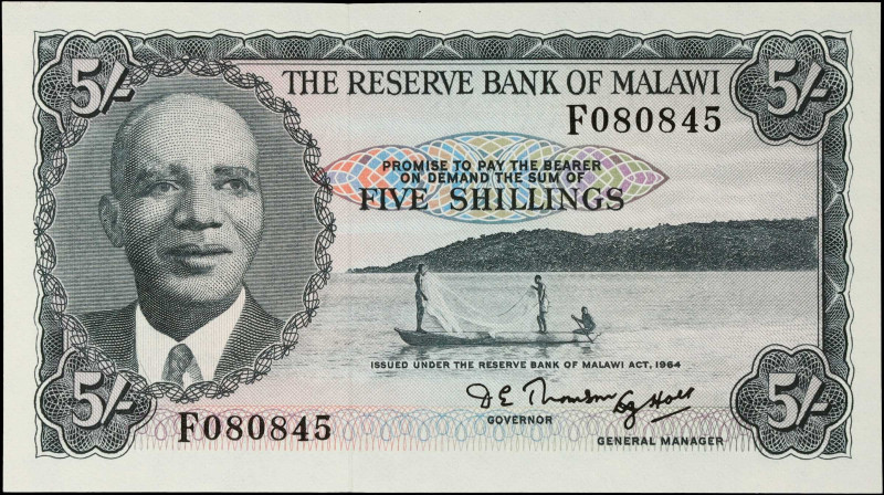 MALAWI. The Reserve Bank of Malawi. 5 Shillings, 1964. P-1Aa. Uncirculated.
Est...