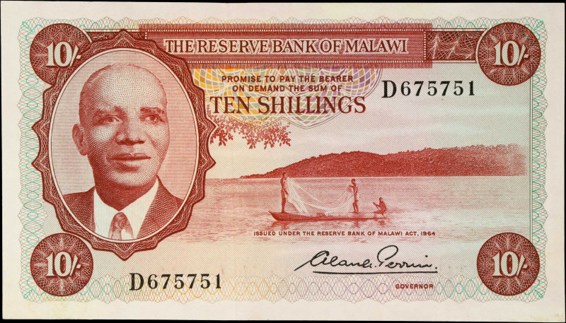 MALAWI. The Reserve Bank of Malawi. 10 Shillings, 1964. P-2. About Uncirculated....