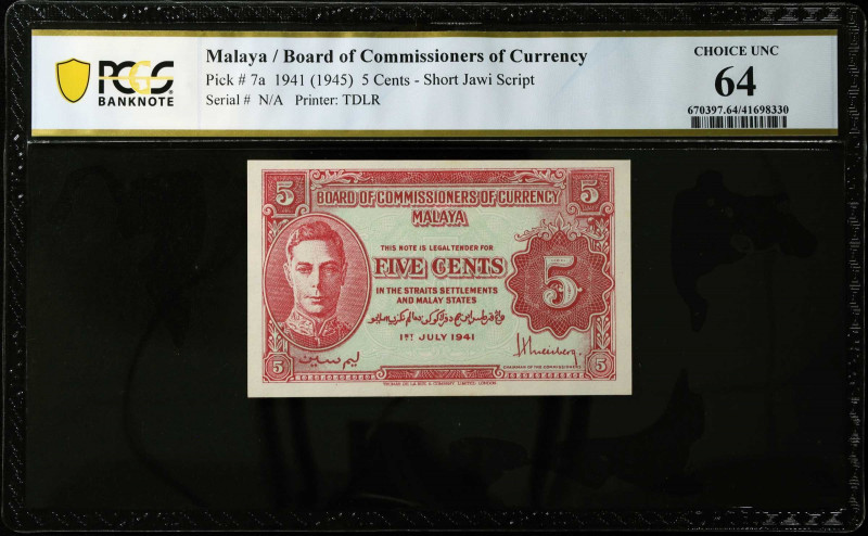 MALAYA. Board of Commissioners of Currency Malaya. 5 Cents, 1941 (1945). P-7a. P...