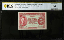 MALAYA. Board of Commissioners of Currency Malaya. 5 Cents, 1941 (1945). P-7a. PCGS Banknote Choice Uncirculated 64.
Estimate: $150.00 - 250.00
