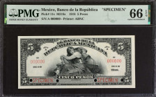 MEXICO. El Banco de la Republica Mexicana. 5 Pesos, 1918. P-11s. Specimen. PMG Gem Uncirculated 66 EPQ.
Estimate: $200.00 - 300.00